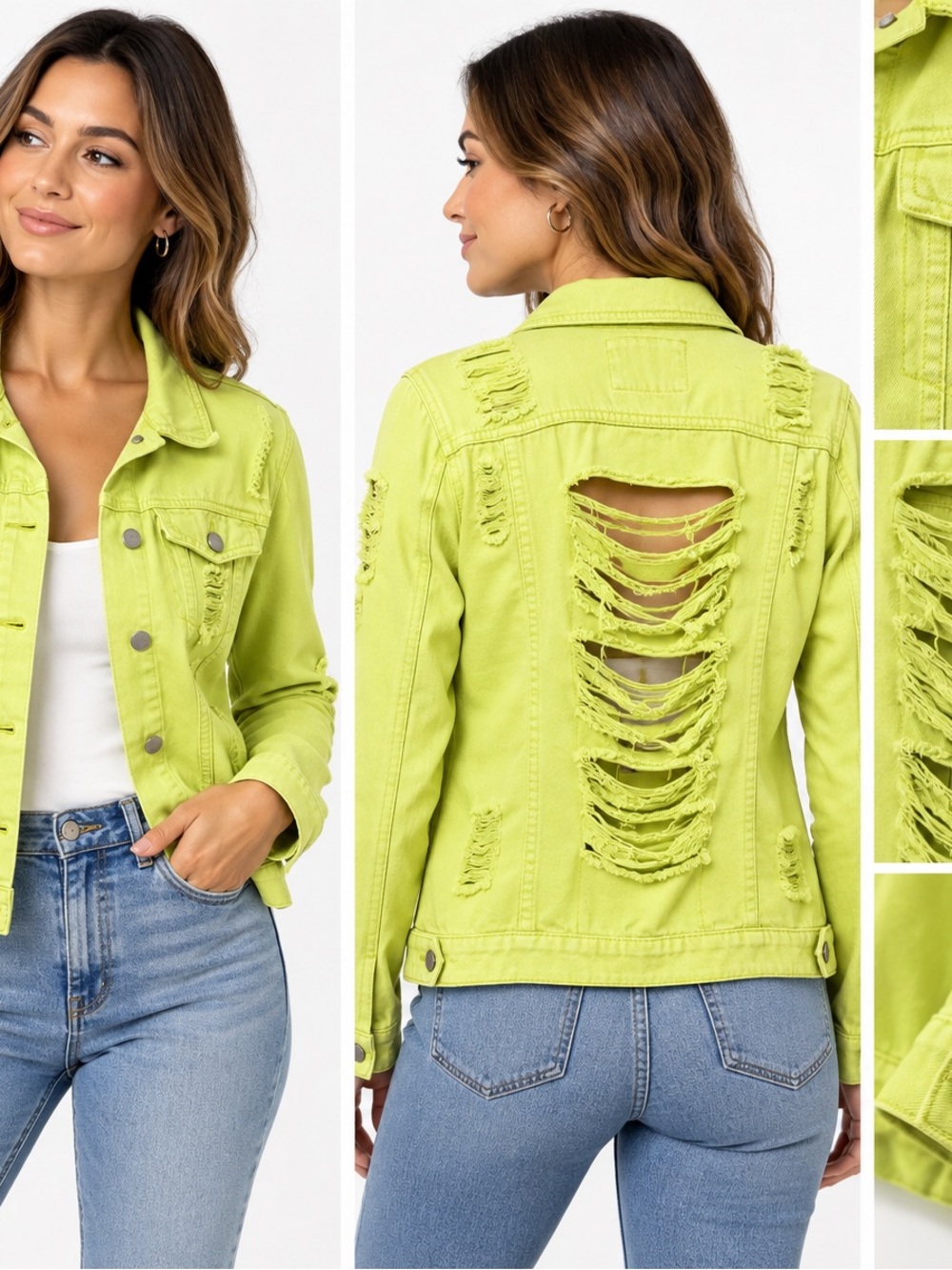 American Bazi 100% Cotton Bright Lime Distressed Denim Jacket S
